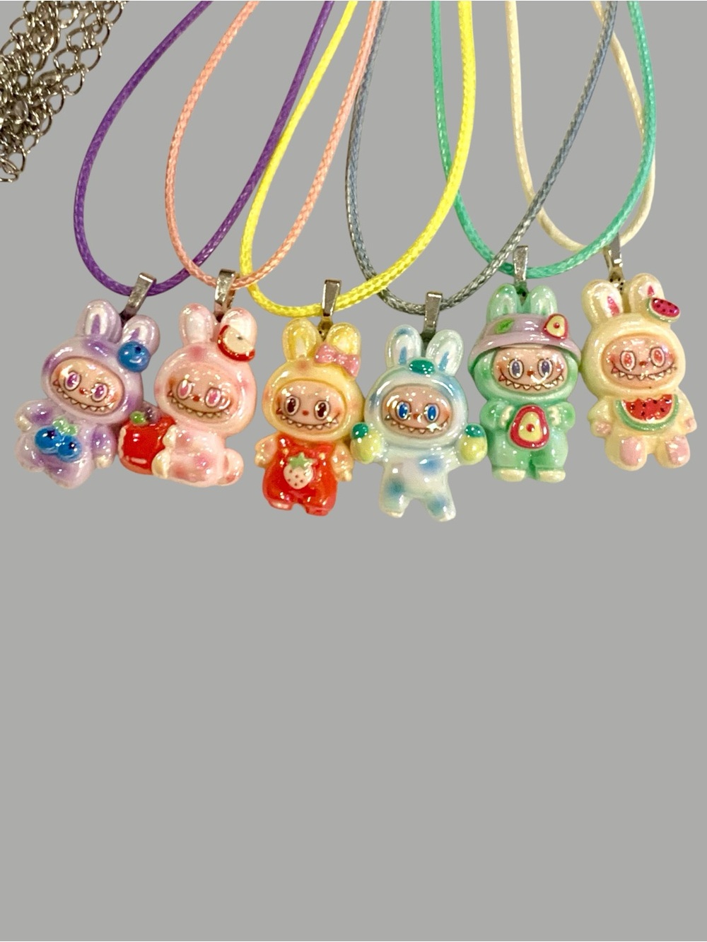 Lot of 6 Handmade Labubu Bunny Charm Necklaces on cords w/ extenders 1 of a kind - Picture 3 of 4